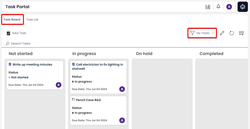 A screenshot of the Task Board. It contains several columns such as &quot;Not Started&quot;, &quot;In Progress&quot;, &quot;On Hold&quot;, and &quot;Completed&quot;. The screenshot is annotated with two red boxes. The first red box indicates that the &quot;Task Board&quot; tab has been selected. The second red box indicates that the &quot;My Tasks&quot; view is currently selected.